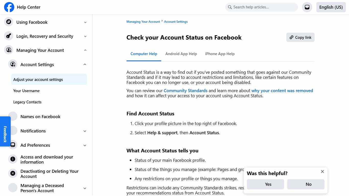 Check your Account Status on Facebook | Facebook Help Center